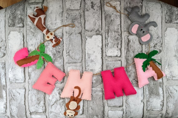 Pink Jungle Name Banner with Giraffe, Elephant, Monkey and Palm Trees, Jungle Creatures Garland, Nursery Decor, Baby Shower Gift Pink Jungle Name Banner with Giraffe, Elephant, Monkey and Palm Trees, Jungle Creatures Garland, Nursery Decor, Baby Shower Gift