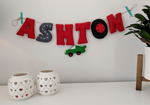 Car Name Banner, Personalised Name Garland with a car theme. Car Name Banner, Personalised Name Garland with a car theme.