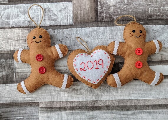 Felt Gingerbread Christmas Ornaments 2019 - Gingerbread Men and Personalised Heart Felt Gingerbread Christmas Ornaments 2019 - Gingerbread Men and Personalised Heart