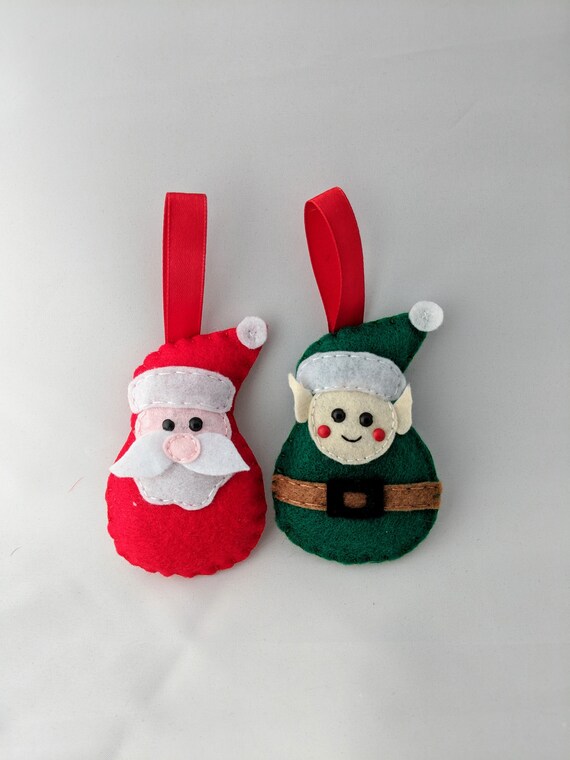 2 Felt Christmas Decorations - Santa & Elf - Christmas Ornaments 2 Felt Christmas Decorations - Santa & Elf - Christmas Ornaments