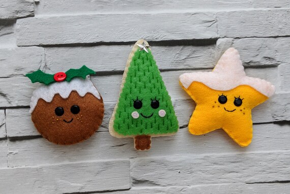 Christmas Pudding, Christmas Tree and Snowy Star Christmas Ornament. Handmade Christmas Decorations. Christmas Pudding, Christmas Tree and Snowy Star Christmas Ornament. Handmade Christmas Decorations.
