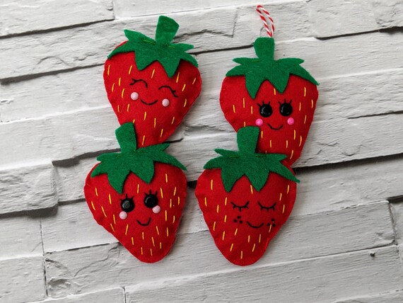 Strawberry Festive Ornaments, Felt Christmas Strawberry Decorations, pack of 4. Strawberry Festive Ornaments, Felt Christmas Strawberry Decorations, pack of 4.