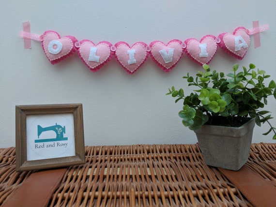 Handmade Pink Heart Name Banner, Baby Girl or Boy Gift, Nursery Decor. Felt Nursery Decor. Handmade Pink Heart Name Banner, Baby Girl or Boy Gift, Nursery Decor. Felt Nursery Decor.