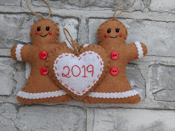 Felt Gingerbread Christmas Ornaments - Gingerbread Women and Personalised Heart Felt Gingerbread Christmas Ornaments - Gingerbread Women and Personalised Heart