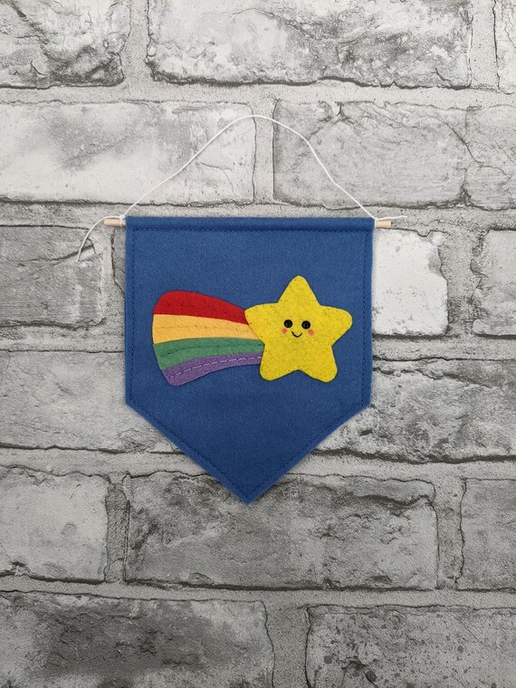 Rainbow Shooting Star Pennant Flag. Kids Bedroom Art. Playroom Wall Hanging. Nursery Decor. Rainbow Gift. Customisable Felt Banner. Rainbow Shooting Star Pennant Flag. Kids Bedroom Art. Playroom Wall Hanging. Nursery Decor. Rainbow Gift. Customisable Felt Banner.