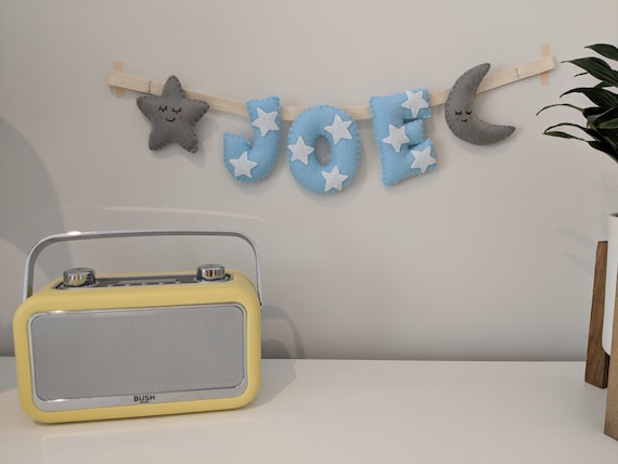 Boy Name Banner, Baby Boy Gift, Ideal Baby Gift, Baby Shower, Christening, Nursery Decor , Blue Star and Moon Nursery - Made to Order Boy Name Banner, Baby Boy Gift, Ideal Baby Gift, Baby Shower, Christening, Nursery Decor , Blue Star and Moon Nursery - Made to Order