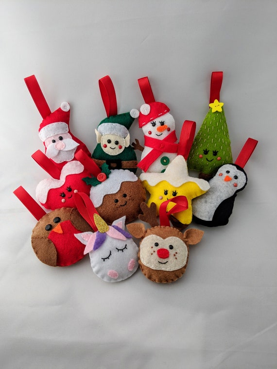 11 Felt Christmas Decorations - Santa, Elf, Christmas Tree, Snowy Star, Christmas Pudding, Rudolph, Snowy Heart, Snowman, Penguin, Robin 11 Felt Christmas Decorations - Santa, Elf, Christmas Tree, Snowy Star, Christmas Pudding, Rudolph, Snowy Heart, Snowman, Penguin, Robin