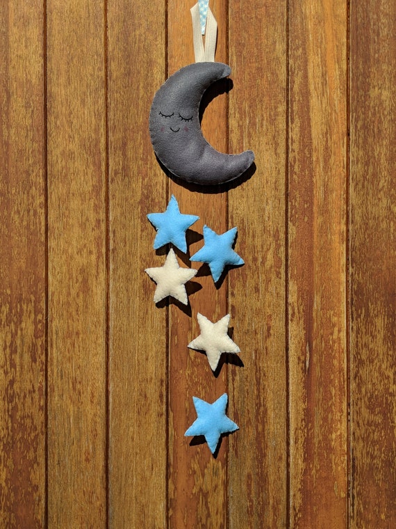 Blue and Grey Felt Moon and Star Wall Hanging / Mobile / Nursery Decor / Handmade Blue and Grey Felt Moon and Star Wall Hanging / Mobile / Nursery Decor / Handmade