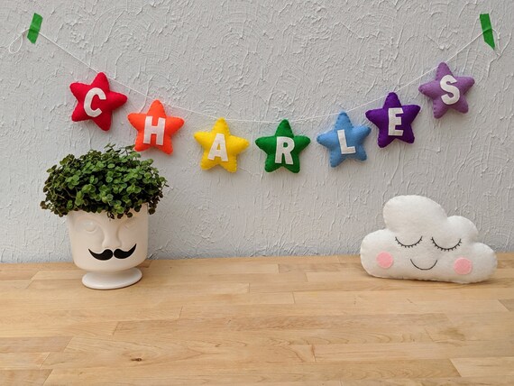 Personalised Rainbow Star Name Banner, Handmade Felt Rainbow Garland, Perfect Baby Shower or Nursery Decor. Personalised Rainbow Star Name Banner, Handmade Felt Rainbow Garland, Perfect Baby Shower or Nursery Decor.