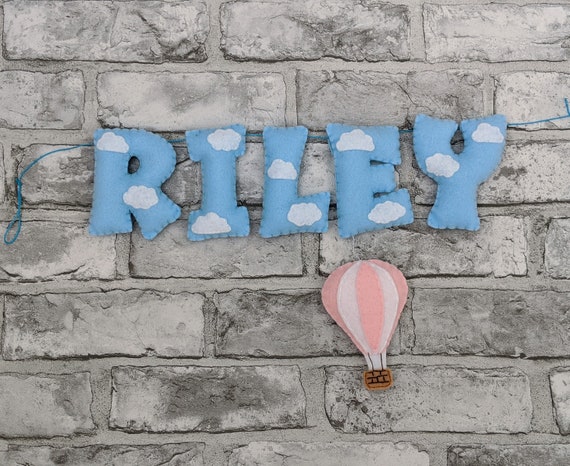 Personalised Hot Air Balloon Name Banner with White Clouds. Cloud Nursery Decor. Personalised Hot Air Balloon Name Banner with White Clouds. Cloud Nursery Decor.