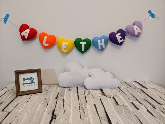 Personalised Rainbow Heart Name Banner, Cusomisable Felt Garland. Baby Name Sign, Child's Bedroom and Playroom Wall Decor. Personalised Rainbow Heart Name Banner, Cusomisable Felt Garland. Baby Name Sign, Child's Bedroom and Playroom Wall Decor.