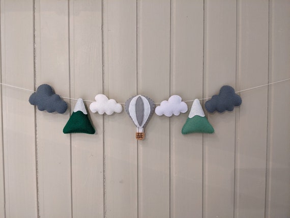 Hot Air Balloon Garland. Adventure Nursery Wall Decor. Cloud and Mountain Playroom Wall Art. Kids Bedroom Wall Hanging. Hot Air Balloon Garland. Adventure Nursery Wall Decor. Cloud and Mountain Playroom Wall Art. Kids Bedroom Wall Hanging.