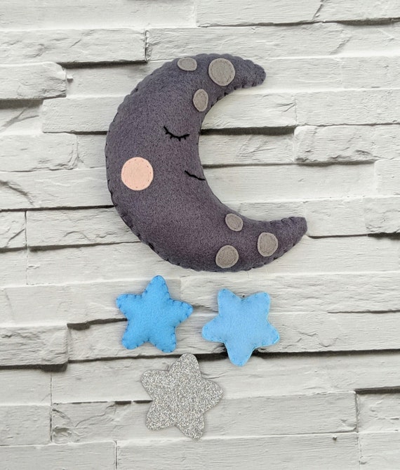 Moon & Star Wall Hanging, dark grey smiling moon with blue and silver stars. Beautiful Nursery decor. Moon & Star Wall Hanging, dark grey smiling moon with blue and silver stars. Beautiful Nursery decor.