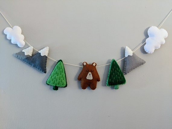 Adventure Bear Felt Garland. Snow-topped mountains, white fluffy clouds, and trees. Woodland Nursery Decor. Adventure Bear Felt Garland. Snow-topped mountains, white fluffy clouds, and trees. Woodland Nursery Decor.