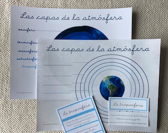 May include: A printable worksheet in Spanish for learning about the layers of the Earth's atmosphere. The worksheet includes a diagram of the Earth with the layers labeled: exosphere, thermosphere, mesosphere, stratosphere, and troposphere. The worksheet also includes a description of the troposphere in Spanish.