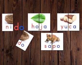 Syllable Word Puzzles in Spanish (Montessori Colors)