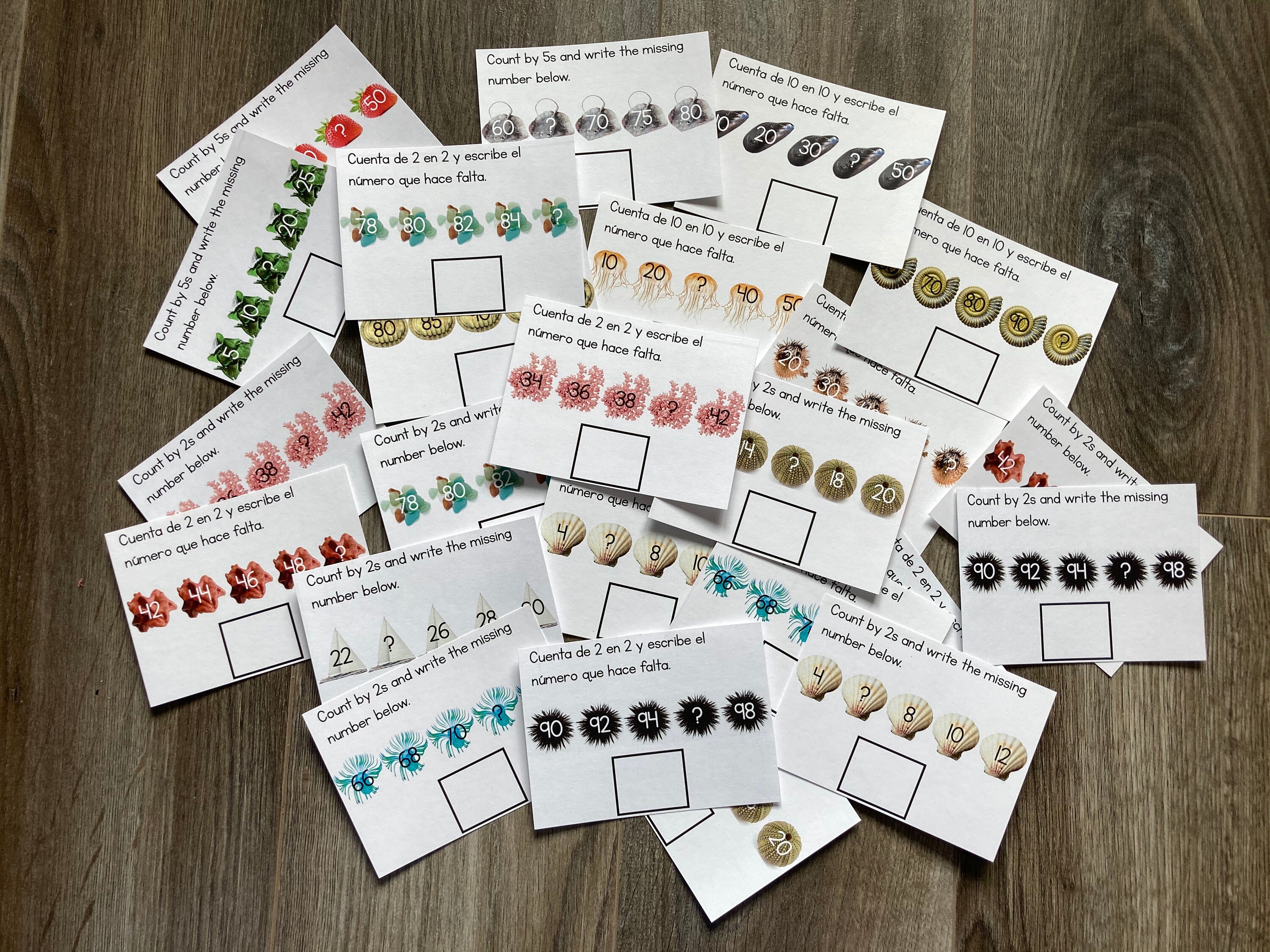 Ocean Theme Skip Counting by 2, 5, and 10 Cards in Enlish & Spanish