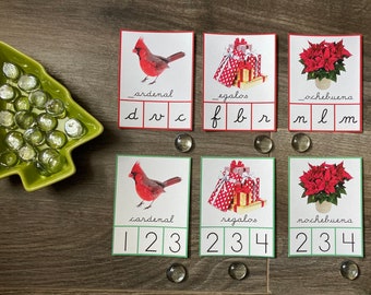 Español navideño - Tarjetas de clip de sonidos iniciales y sílabas (cursiva)