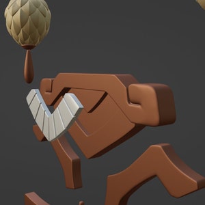 May include: A brown, stylized, geometric emblem featuring a central angular shape with a white, segmented, chevron-like accent piece. Two tan, spherical, textured ornaments hang from thin, brown, teardrop-shaped pendants above the main structure.