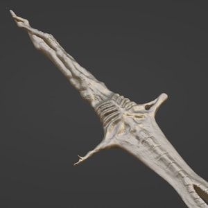 May include: A detailed, 3D printed sculpture of a skeletal, humanoid figure with a long, thin body and elongated limbs. The sculpture is made of a light-colored material and has a textured surface.