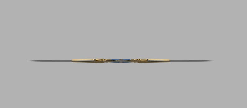 May include: A gold-colored, double-edged dagger with a blue gemstone in the center.