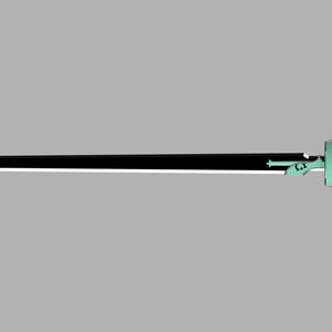 May include: A black and blue sword with a green hilt and a decorative design on the blade.