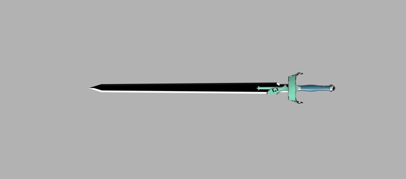 May include: A black and blue sword with a green hilt and a decorative design on the blade.