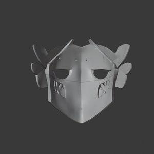May include: A gray 3D printed helmet with a face mask and two small horns on the sides.