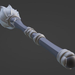 May include: A silver and white decorative mace with a spiked ball on one end and a rounded ball on the other end.