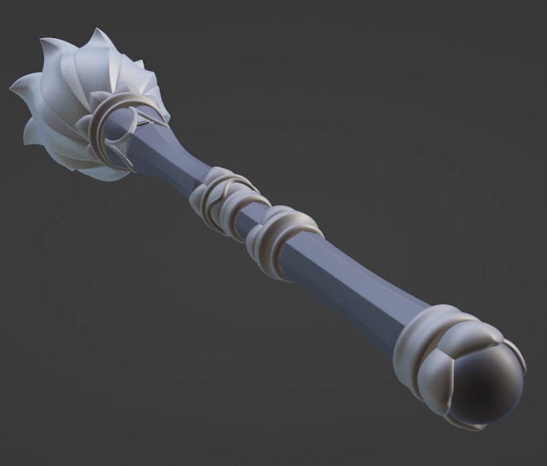May include: A silver and white decorative mace with a spiked ball on one end and a rounded ball on the other end.