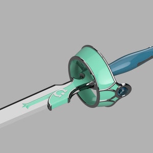 May include: A silver and teal sword with a decorative guard and a blue handle.