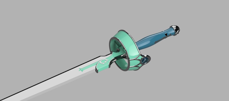 May include: A silver and teal sword with a decorative guard and a blue handle.
