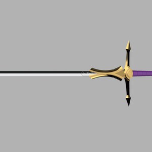 May include: A sword featuring a long, pointed silver blade, a gold-colored crossguard with sharp, downward-pointing quillons, and a purple-wrapped handle ending in a gold pommel. The design includes a central gold accent on the guard.