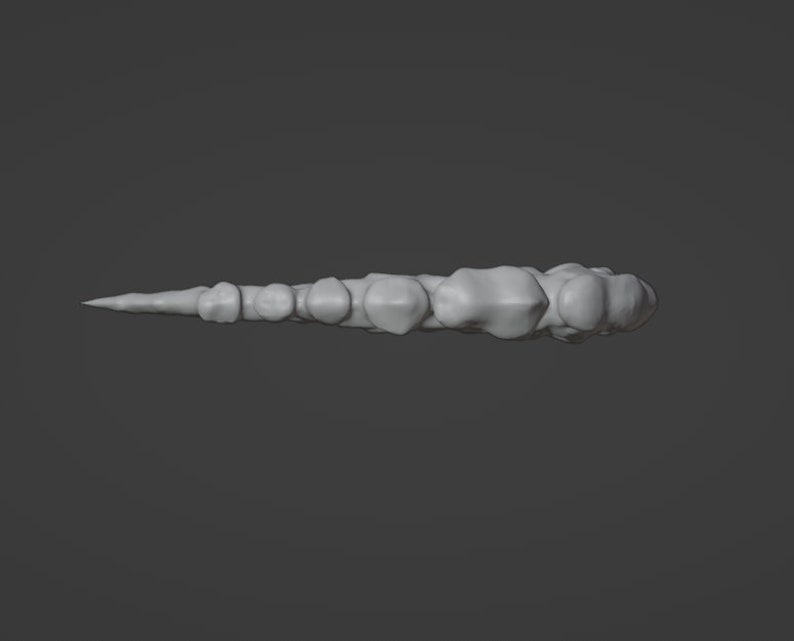 Puede incluir: Un modelo blanco, impreso en 3D, de un objeto largo, delgado y segmentado que se asemeja a una cola o una columna vertebral.