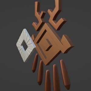 May include: A brown, angular, geometric emblem featuring a central diamond shape with branching top extensions and five downward-pointing, tapered, cylindrical elements, accompanied by a separate, smaller, white, square-shaped frame.