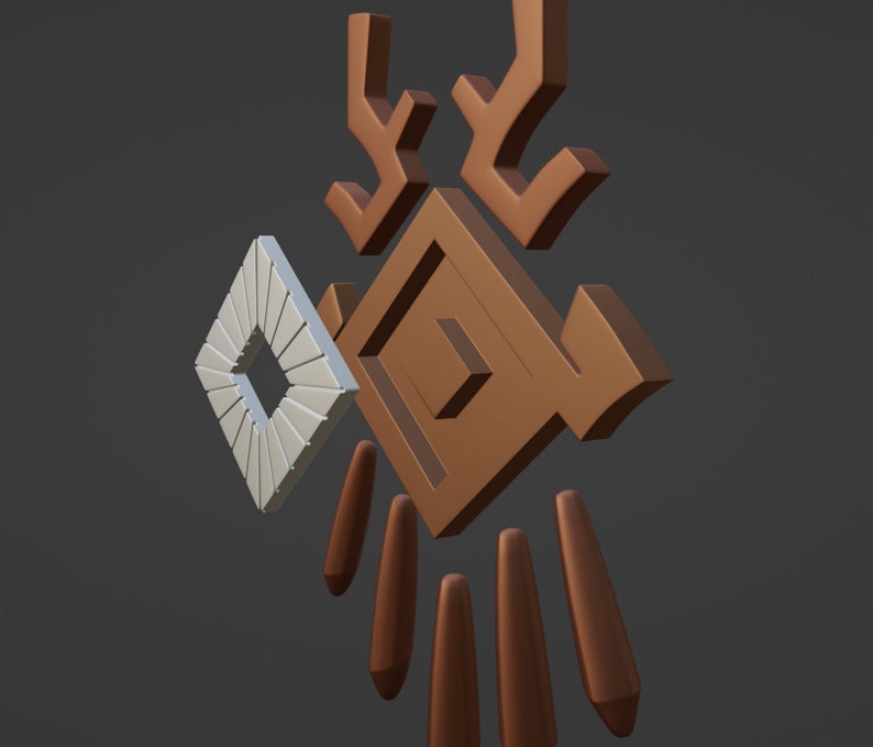 May include: A brown, angular, geometric emblem featuring a central diamond shape with branching top extensions and five downward-pointing, tapered, cylindrical elements, accompanied by a separate, smaller, white, square-shaped frame.