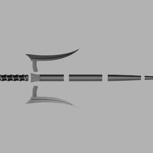 May include: A disassembled metal sai weapon shown in multiple segments. The components include a pommel, a spiraled handle, two curved side guards, and a three-part tapered central blade, all arranged horizontally against a solid gray background.