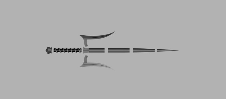 May include: A disassembled metal sai weapon shown in multiple segments. The components include a pommel, a spiraled handle, two curved side guards, and a three-part tapered central blade, all arranged horizontally against a solid gray background.