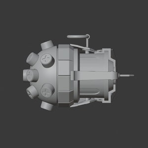 May include: A gray metal grenade with a round, spiky top and a lever on the side. The grenade has a textured surface and a small ring on the top.