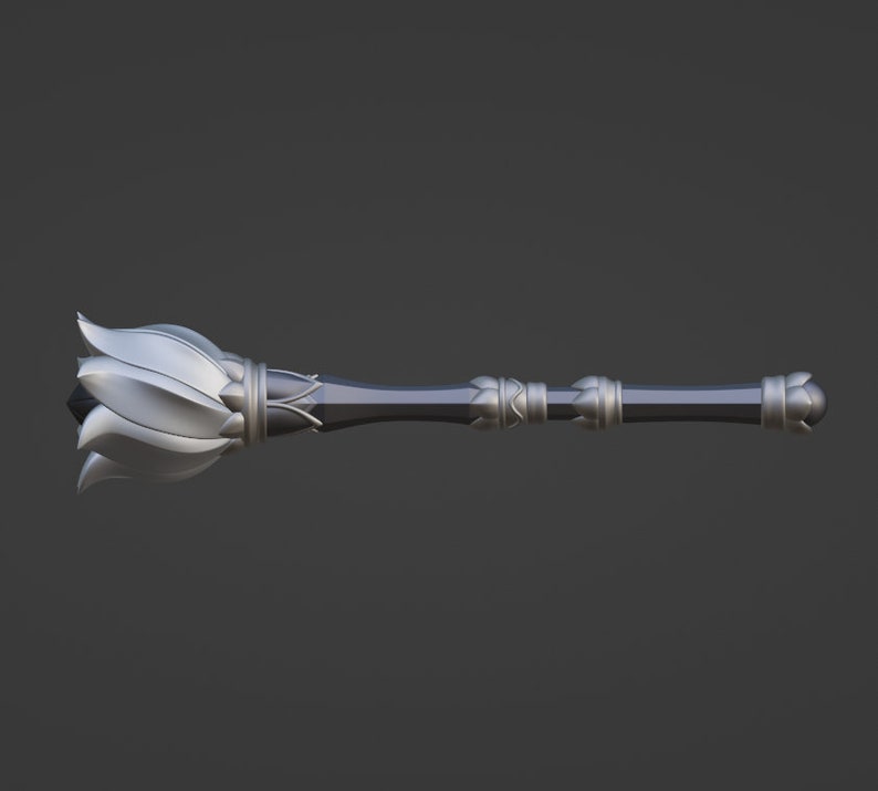 May include: A silver and black ceremonial mace with a decorative flower-shaped head and a long, slender handle.