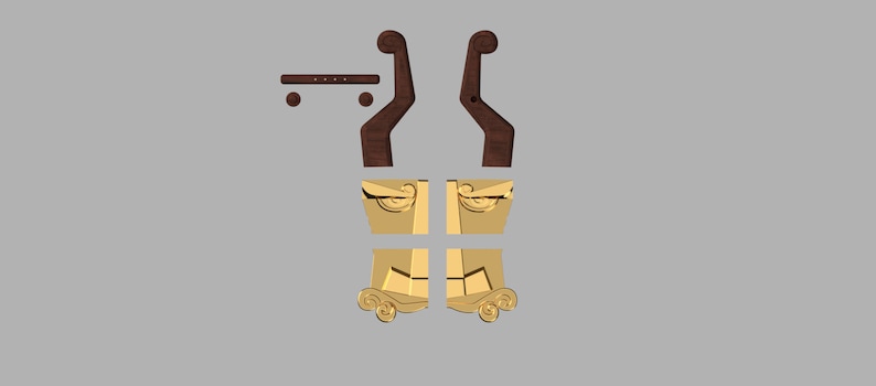 May include: A set of furniture components including two dark brown wooden curved armrests, a small horizontal wooden bar with four holes, two small wooden spheres, and four gold-colored metal decorative panels with scrollwork details.