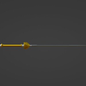 May include: A gold-coloured sword with a long, thin blade and a decorative handle.
