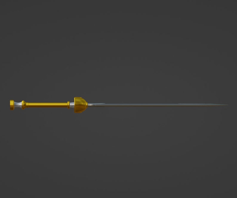 May include: A gold-coloured sword with a long, thin blade and a decorative handle.