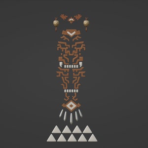 May include: A collection of brown and white geometric decorative elements arranged vertically. The set includes two hanging ornaments, a central mask-like pattern with white teeth, a diamond shape, four pointed spikes, and six white triangles.