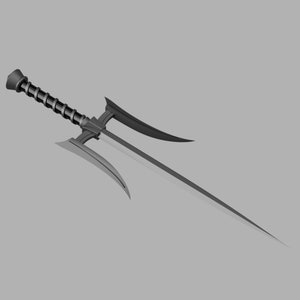 May include: A dark gray sai weapon featuring a long, pointed central blade and two curved side prongs. The handle has a textured, spiraled grip and a rounded pommel at the end. The entire object is rendered in a solid, matte dark gray finish.