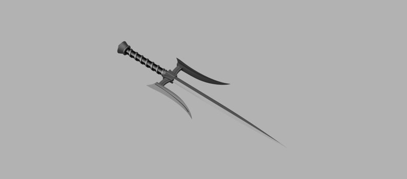 May include: A dark gray sai weapon featuring a long, pointed central blade and two curved side prongs. The handle has a textured, spiraled grip and a rounded pommel at the end. The entire object is rendered in a solid, matte dark gray finish.