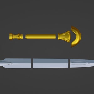 May include: A disassembled sword with a gold handle and a silver blade. The handle is made up of four pieces: a pommel, a grip, a spacer, and a guard. The blade is made up of three pieces: a tip, a middle section, and a base.