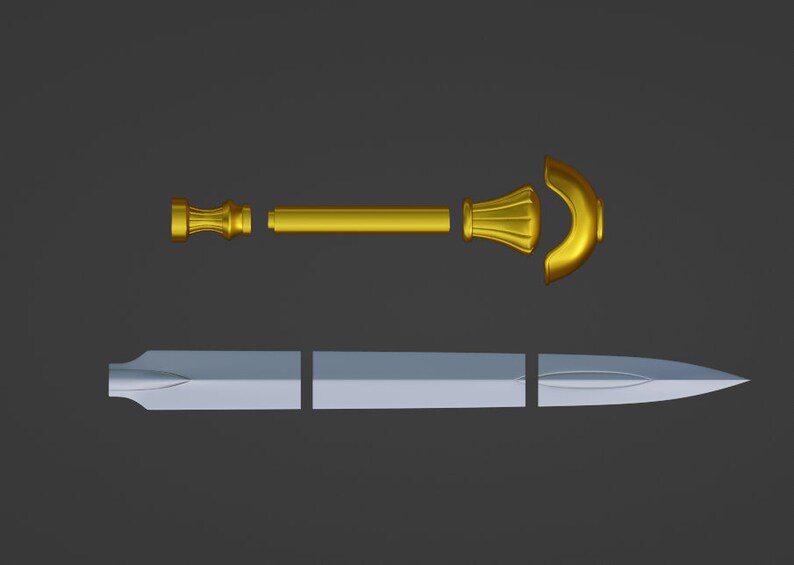 May include: A disassembled sword with a gold handle and a silver blade. The handle is made up of four pieces: a pommel, a grip, a spacer, and a guard. The blade is made up of three pieces: a tip, a middle section, and a base.
