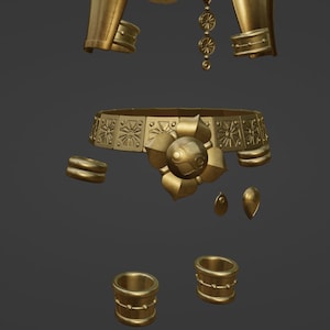 May include: A set of gold-colored jewelry pieces including a wide belt with a central flower-shaped buckle, two arm cuffs, two wrist cuffs, and two small teardrop-shaped pendants. The belt features repeating square panels with sunburst designs.