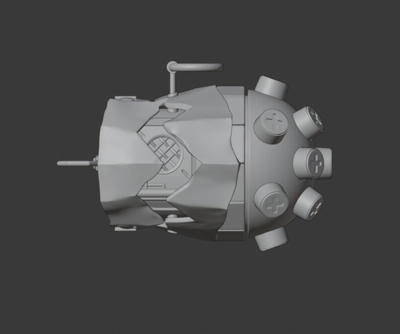 May include: A gray, 3D-printed model of a futuristic, mechanical device with a round, segmented body and multiple protruding knobs. The device has a textured surface and appears to be made of metal.